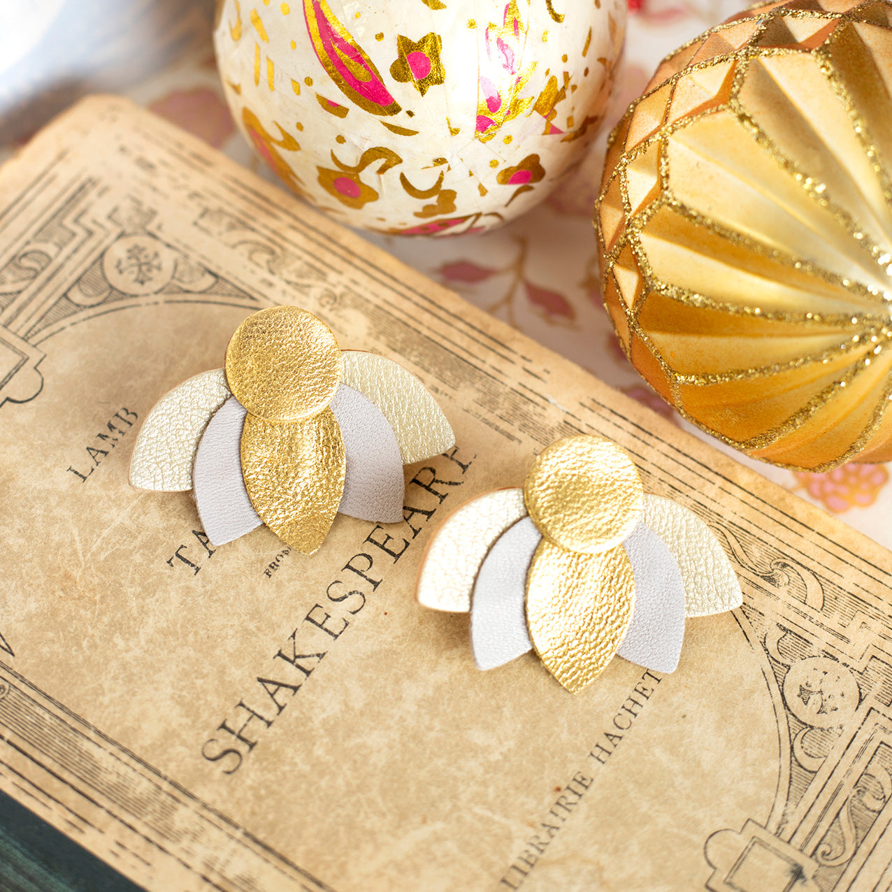 Large Lotus Flower stud earrings - gold, light gray, matte gold