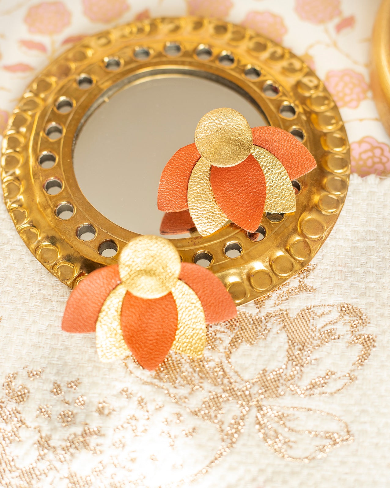 Large Lotus Flower stud earrings - brown and gold