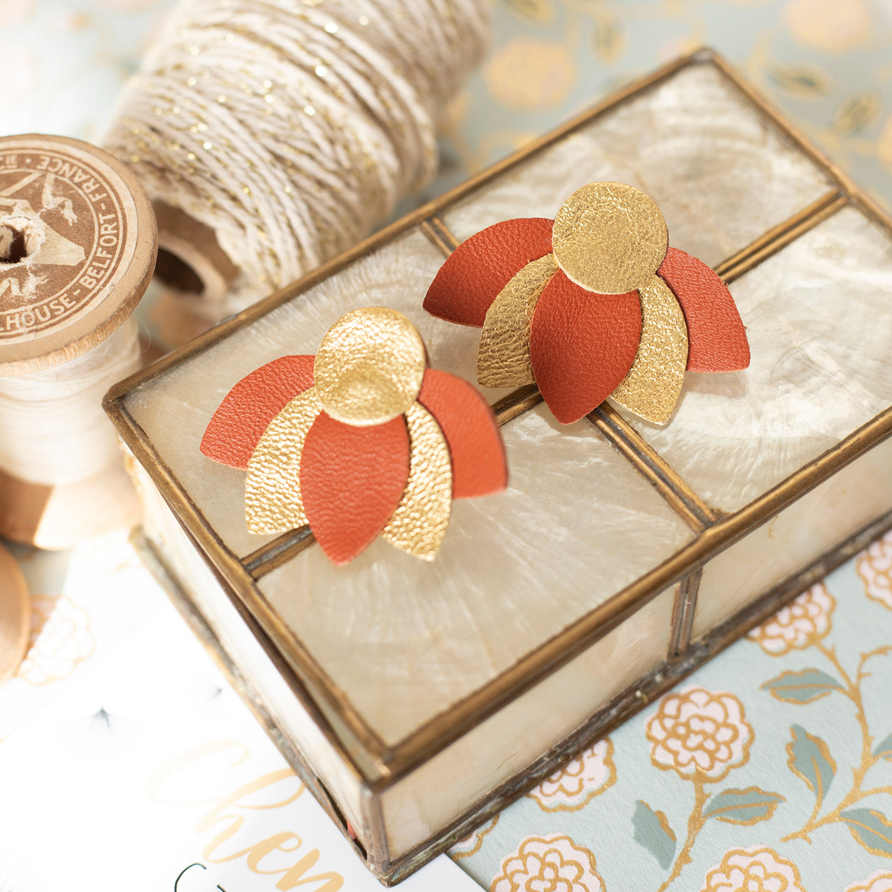 Large Lotus Flower stud earrings - brown and gold