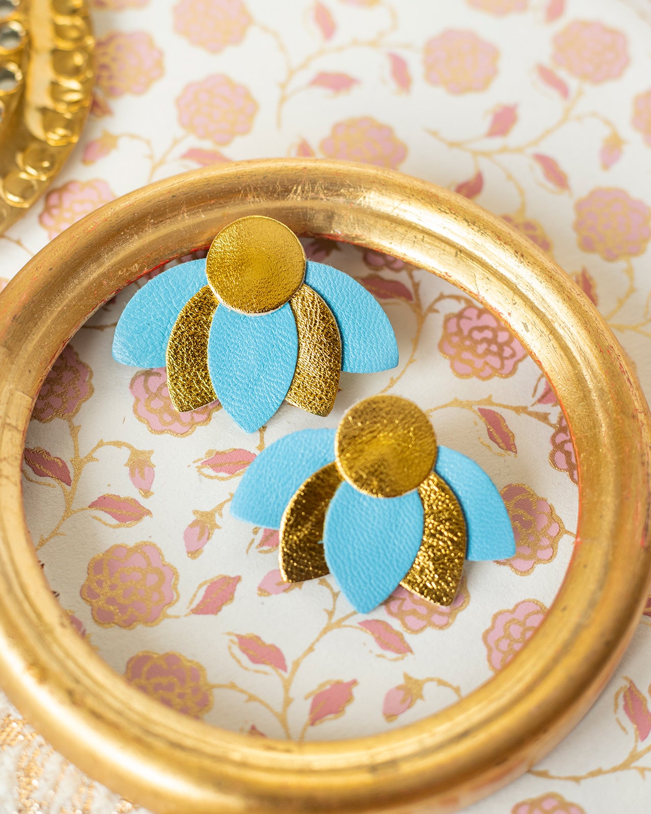 Large Lotus Flower stud earrings - celestial blue and gold