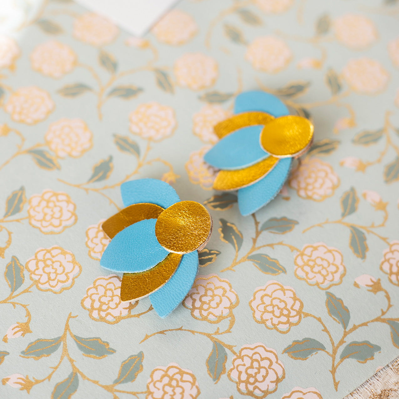 Large Lotus Flower stud earrings - celestial blue and gold