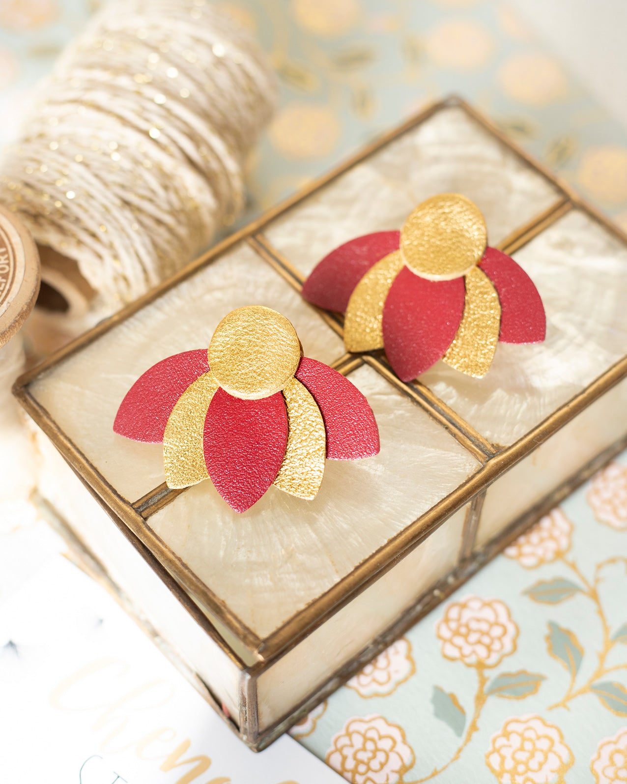 Large Lotus Flower stud earrings - Bordeaux red and gold