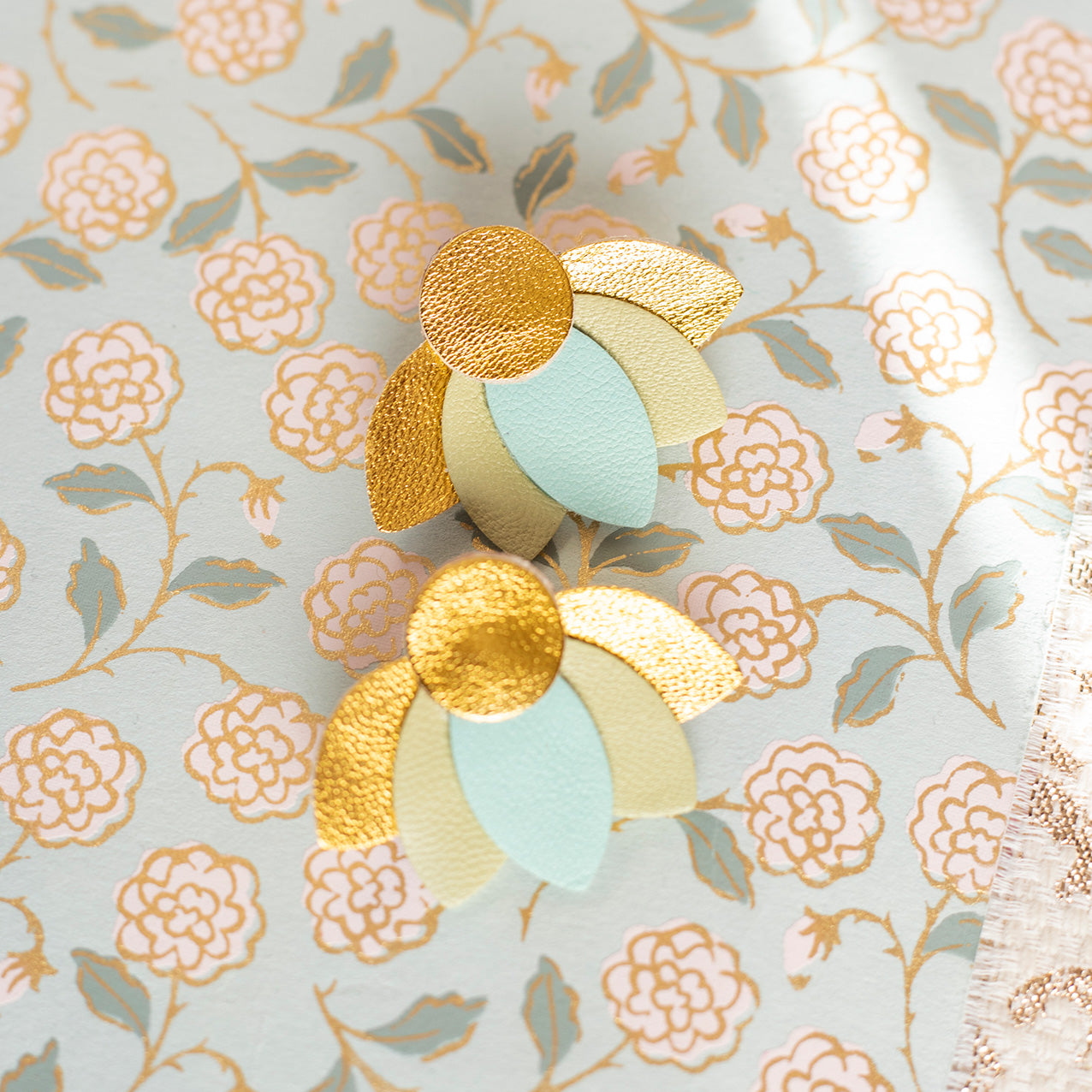 Large Lotus Flower stud earrings - light turquoise, pistachio green and gold
