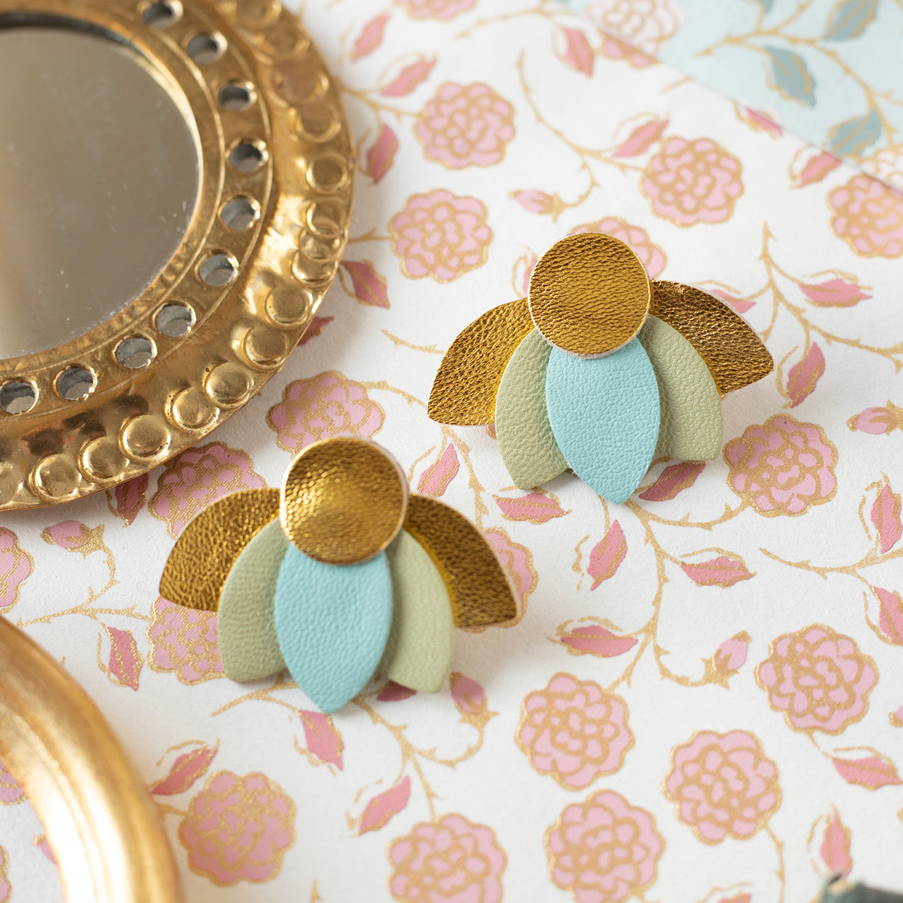 Large Lotus Flower stud earrings - light turquoise, pistachio green and gold