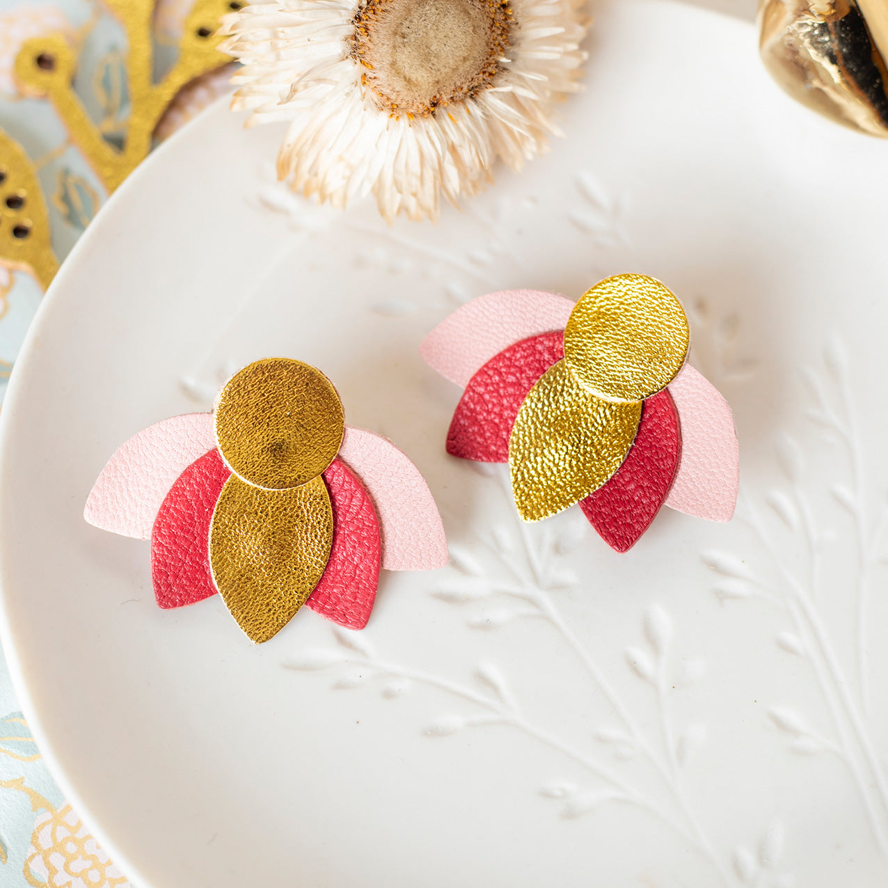 Large Lotus Flower stud earrings - sugared pink, dark red and gold