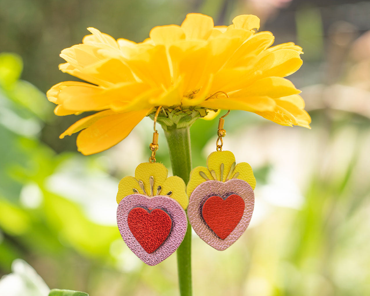 Pink and yellow floral hearts earrings