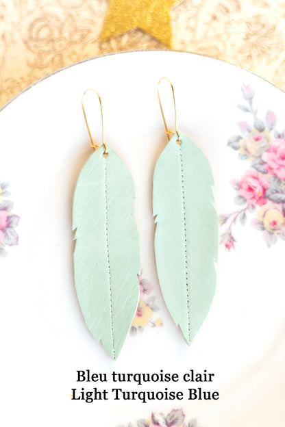 Longues boucles d'oreilles plumes en cuir : couleur au choix