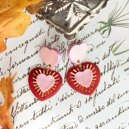 Boucles d'oreilles Coeurs Ex Voto cuirs métallisés rouge et rose