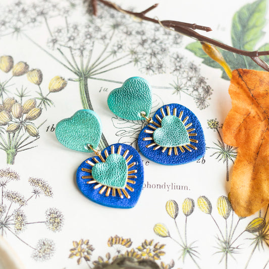 Boucles d'oreilles Coeurs Ex Voto cuirs métallisés turquoise et outremer