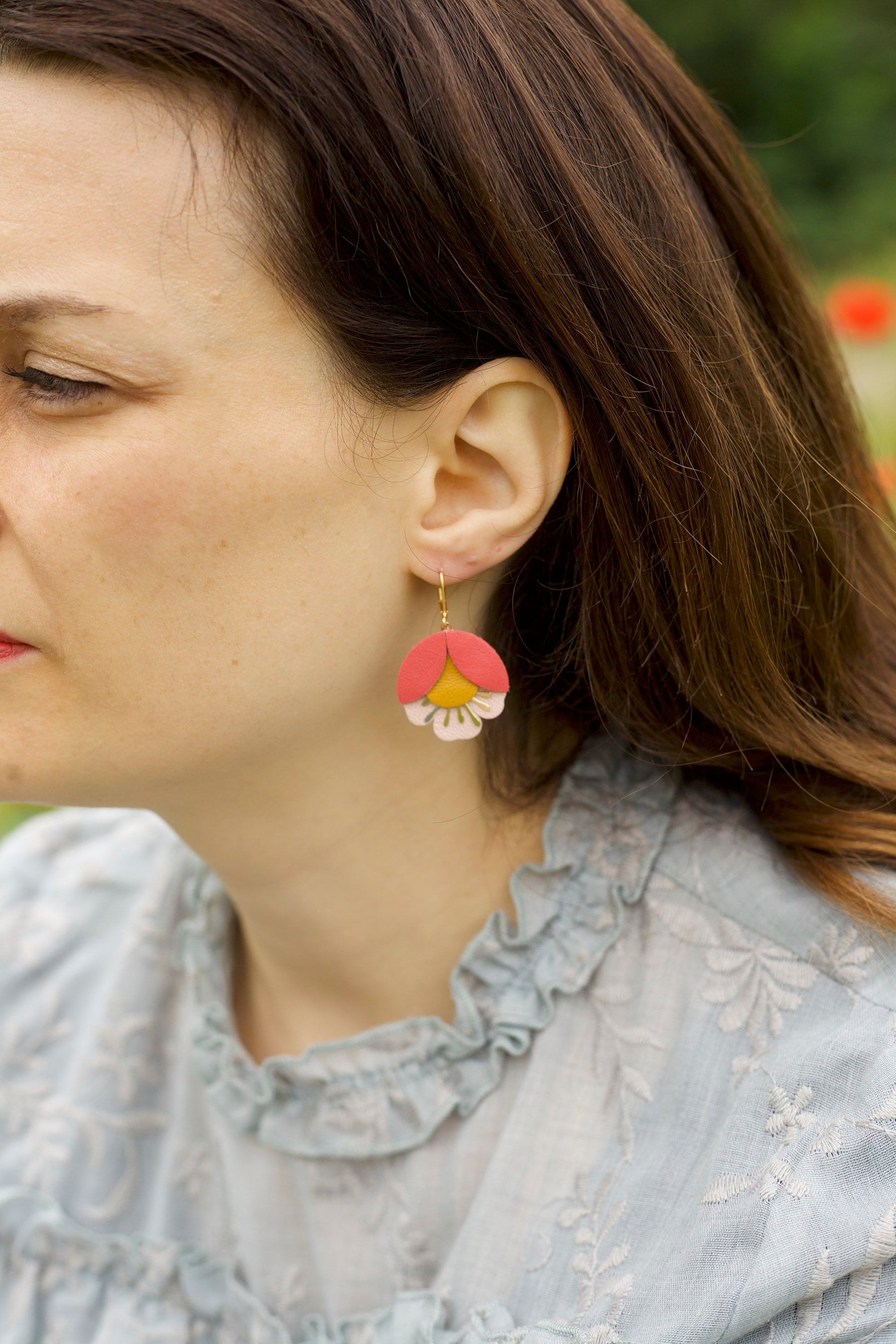 Earrings. Gold Brown Blue Leather Petal Earrings, Bridesmaid's Gift Made in France