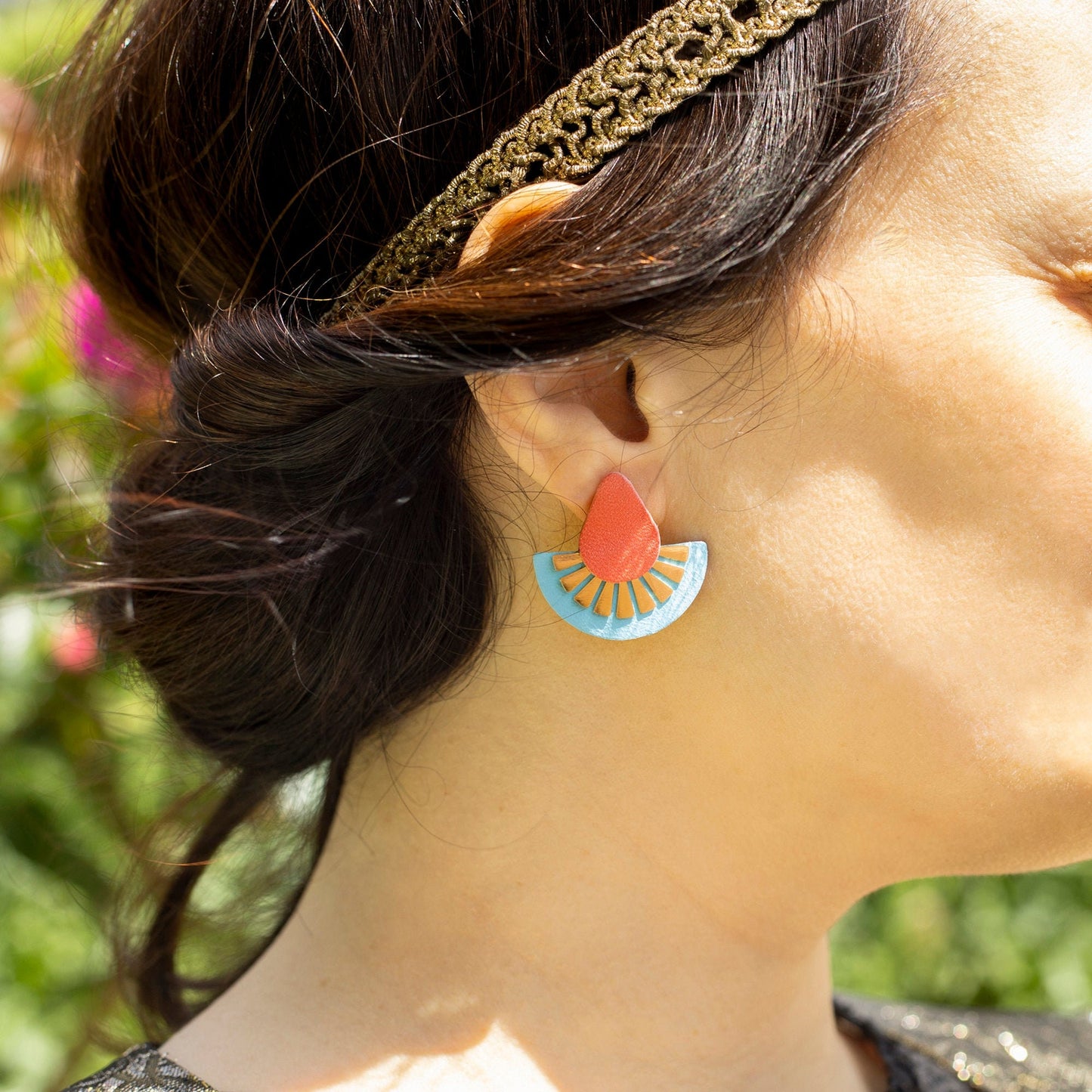 Black and Gold Flower Stud Earrings, Recycled Leather fan shape earrings, Stainless steel studs without allergens, Eco-friendly jewelry