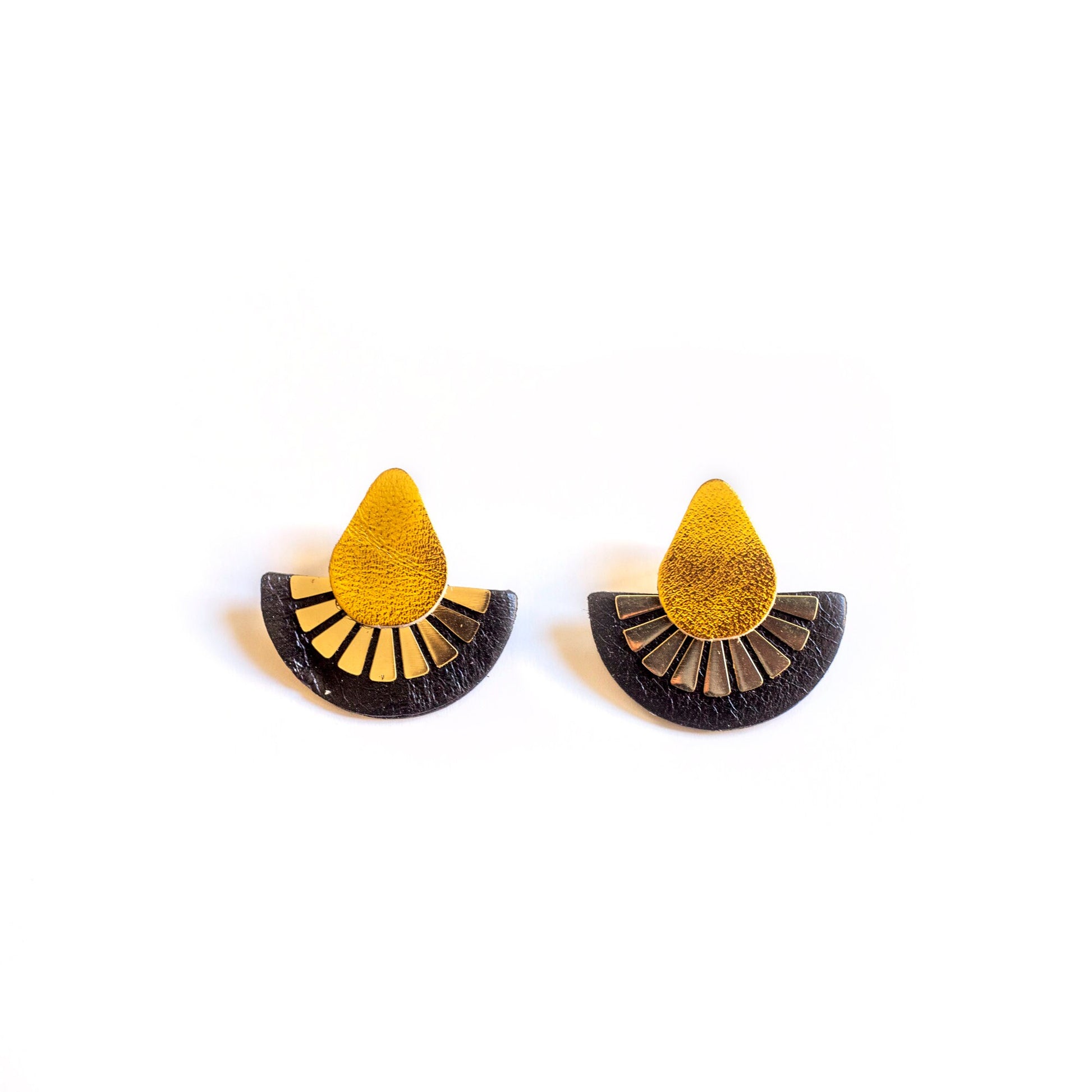 Black and Gold Flower Stud Earrings, Recycled Leather fan shape earrings, Stainless steel studs without allergens, Eco-friendly jewelry