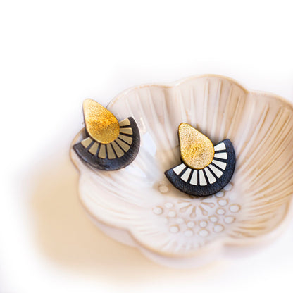 Black and Gold Flower Stud Earrings, Recycled Leather fan shape earrings, Stainless steel studs without allergens, Eco-friendly jewelry