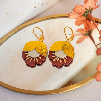 Earrings. Gold Brown Blue Leather Petal Earrings, Bridesmaid's Gift Made in France