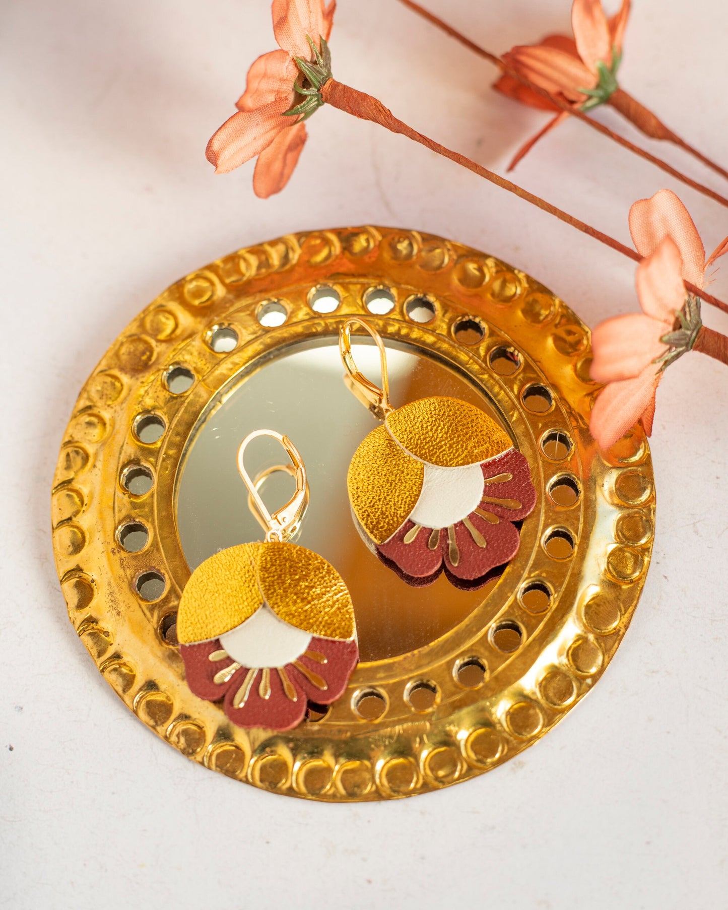 Earrings. Gold Brown Blue Leather Petal Earrings, Bridesmaid's Gift Made in France