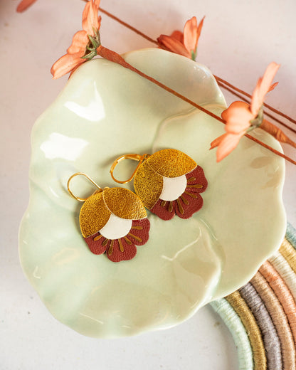 Earrings. Gold Brown Blue Leather Petal Earrings, Bridesmaid's Gift Made in France