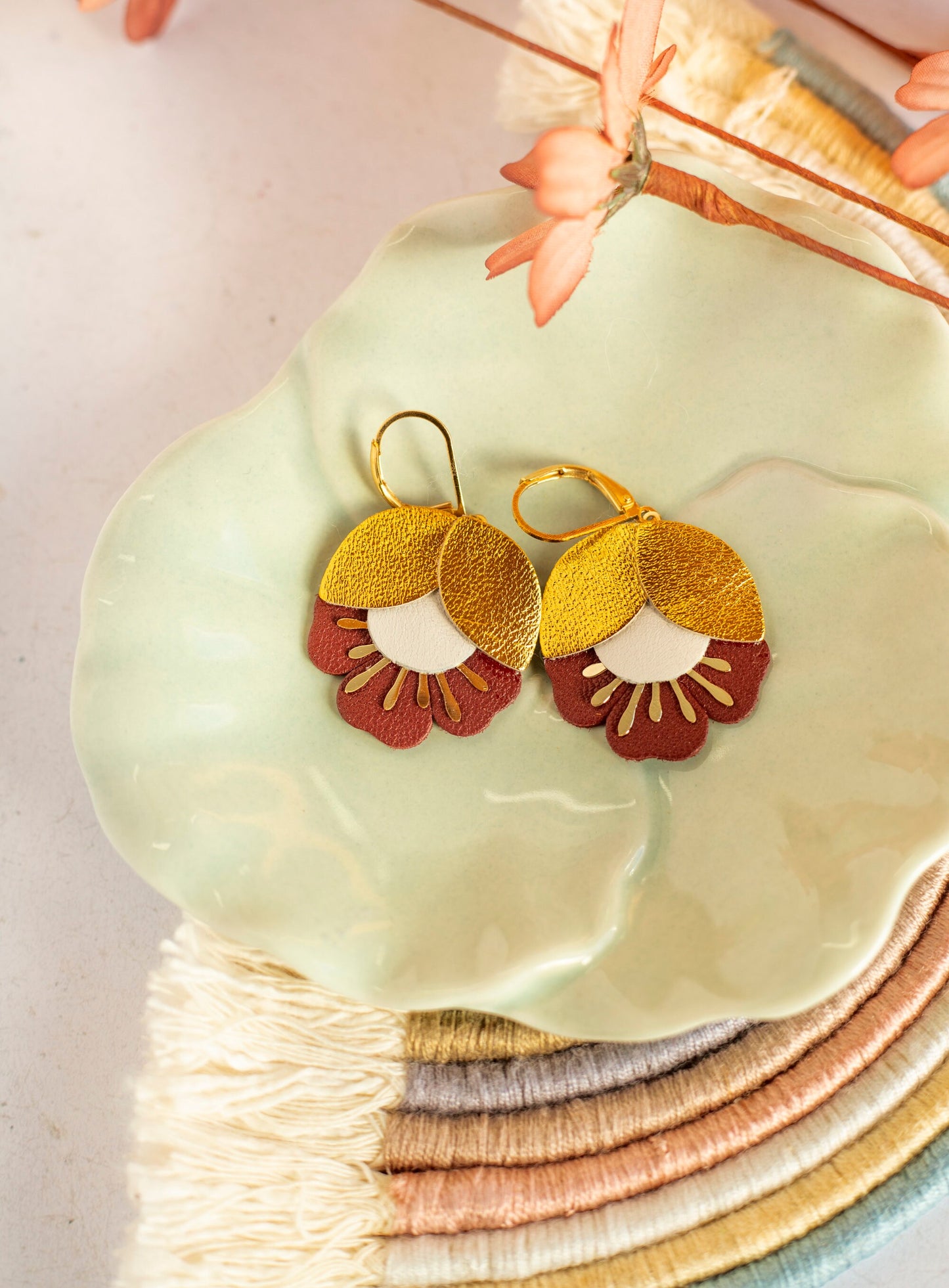 Earrings. Gold Brown Blue Leather Petal Earrings, Bridesmaid's Gift Made in France