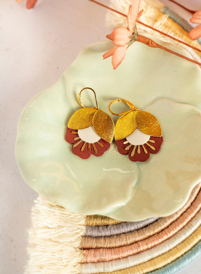 Earrings. Gold Brown Blue Leather Petal Earrings, Bridesmaid's Gift Made in France