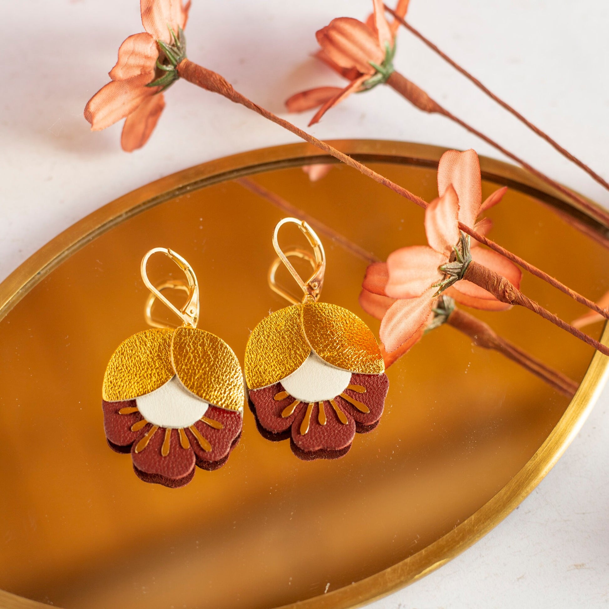 Earrings. Gold Brown Blue Leather Petal Earrings, Bridesmaid's Gift Made in France