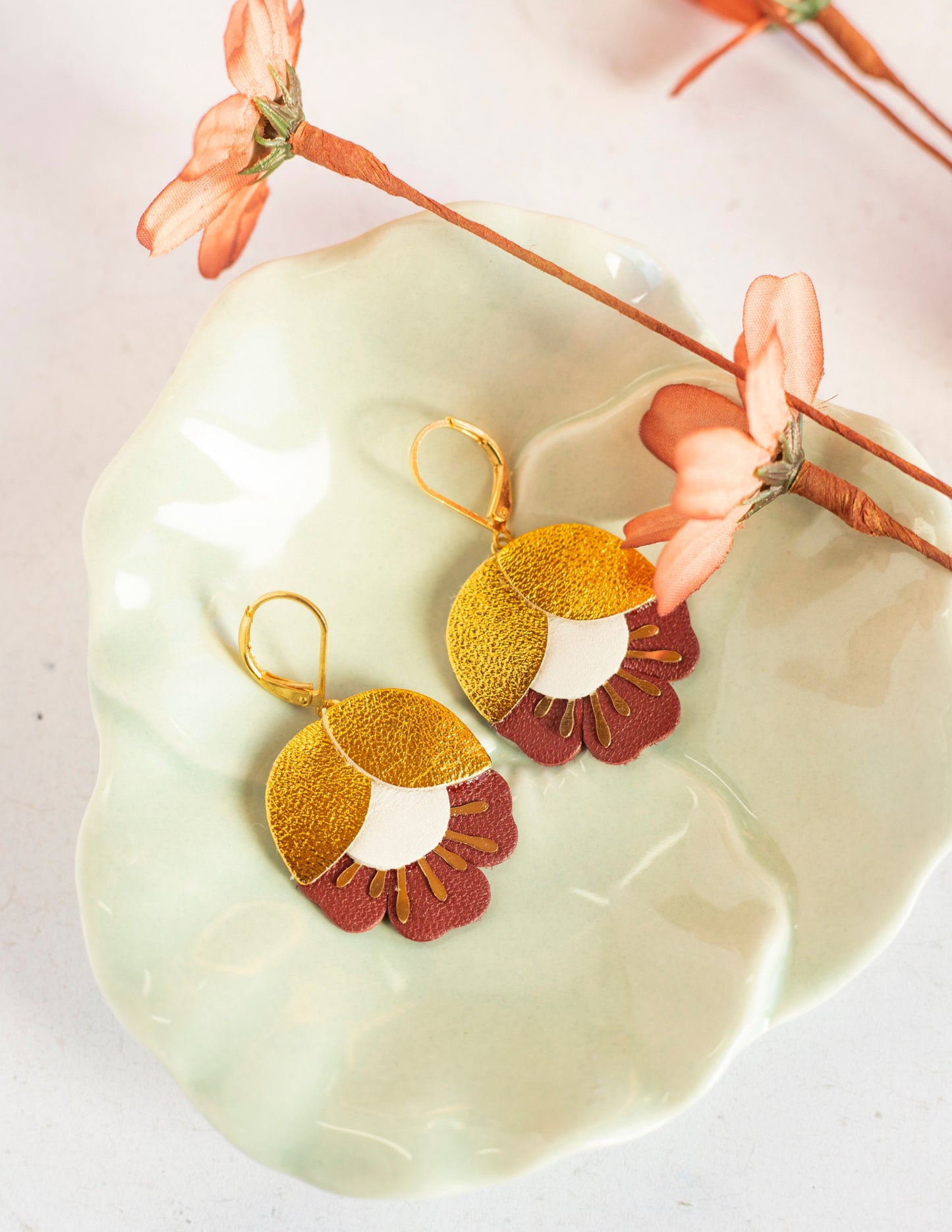 Earrings. Gold Brown Blue Leather Petal Earrings, Bridesmaid's Gift Made in France