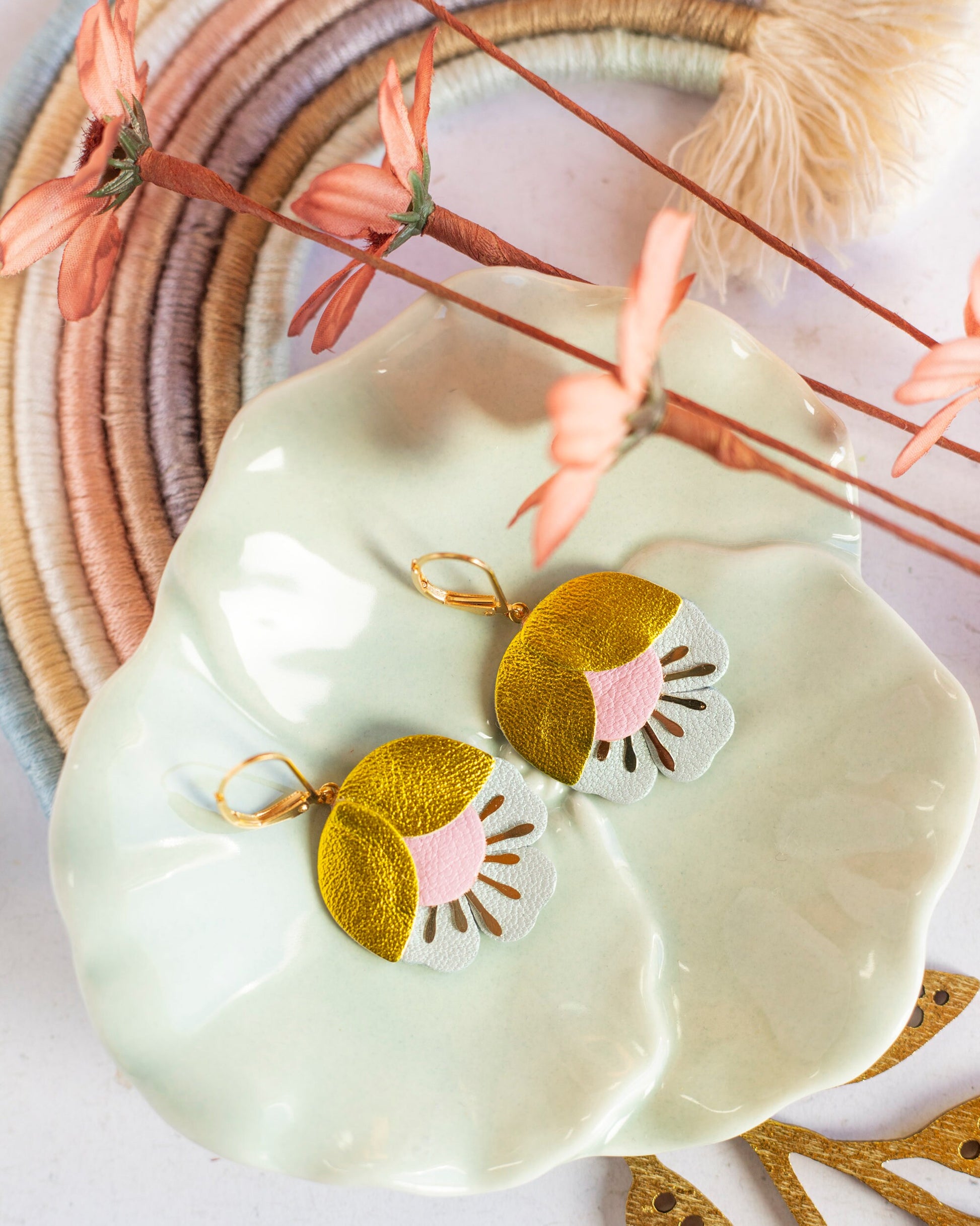 Earrings. Gold Brown Blue Leather Petal Earrings, Bridesmaid's Gift Made in France
