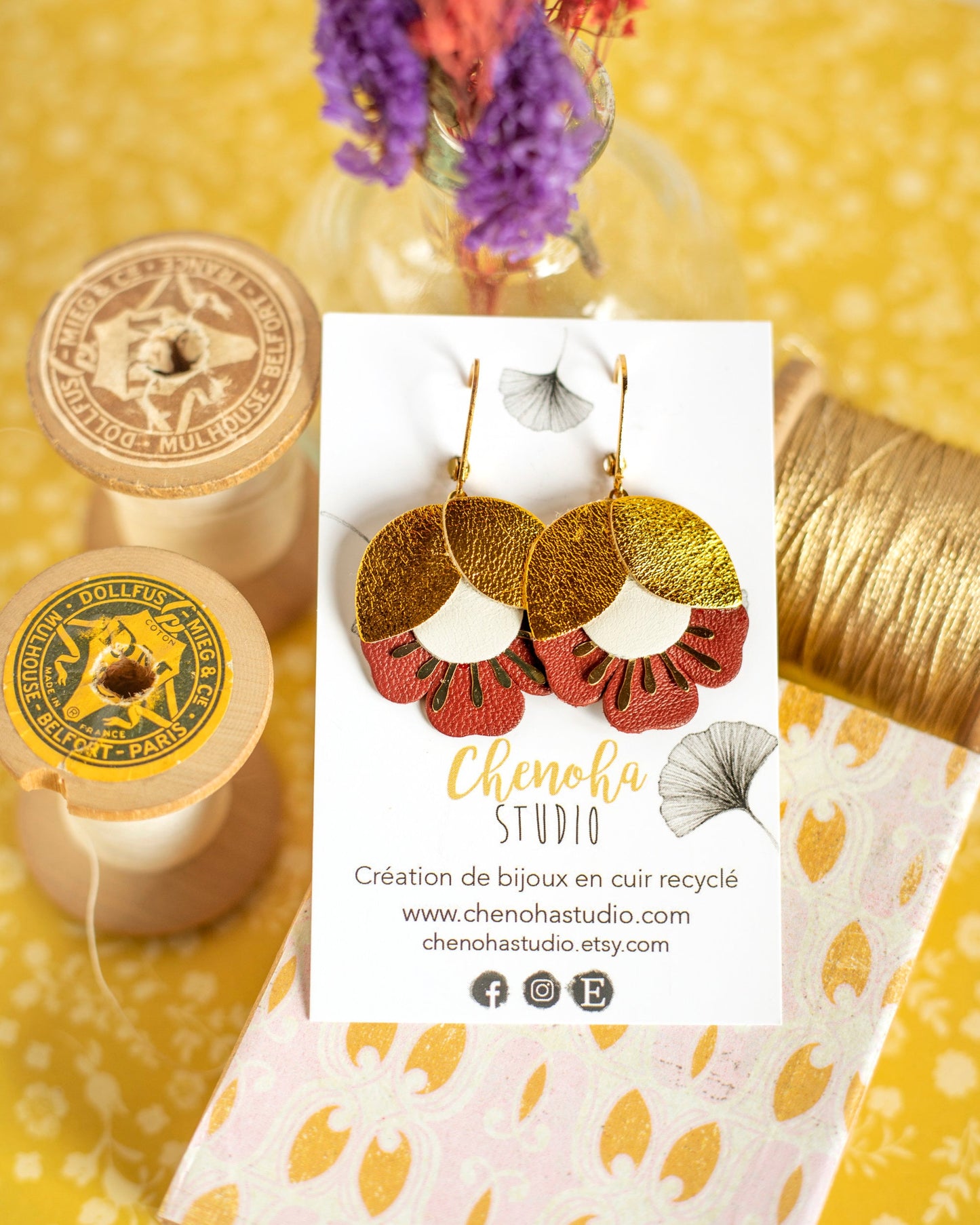 Earrings. Gold Brown Blue Leather Petal Earrings, Bridesmaid's Gift Made in France