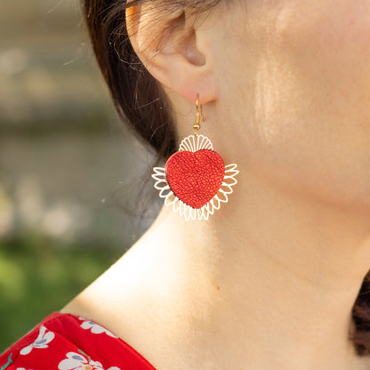 Sacred Heart Ex-Voto Earrings with Red Metallic Leather & Gold Plated Dangles