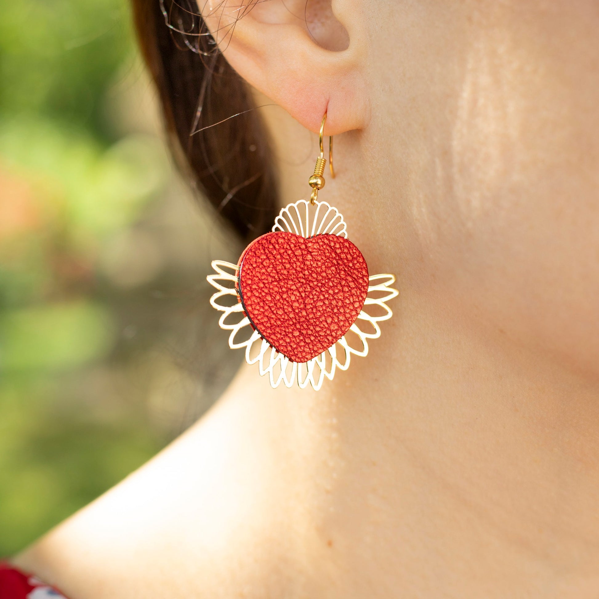 Sacred Heart Ex-Voto Earrings with Red Metallic Leather & Gold Plated Dangles