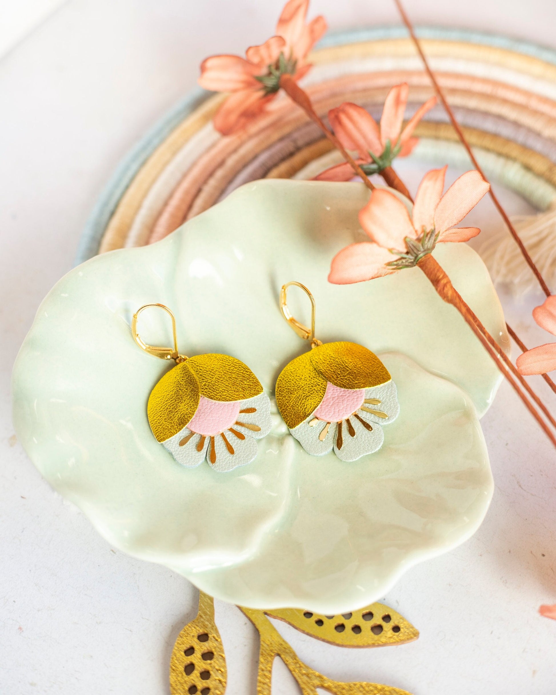 Earrings. Gold Brown Blue Leather Petal Earrings, Bridesmaid's Gift Made in France