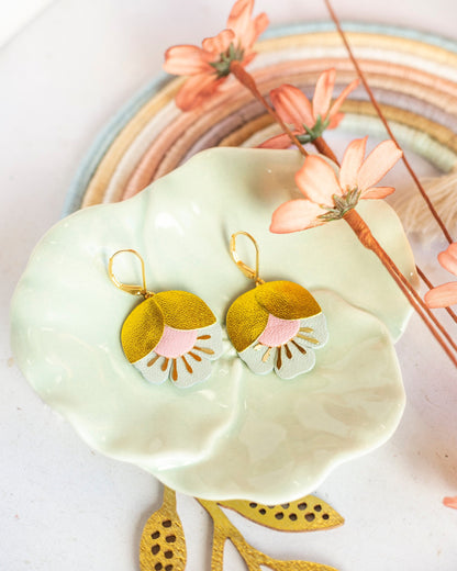 Earrings. Gold Brown Blue Leather Petal Earrings, Bridesmaid's Gift Made in France