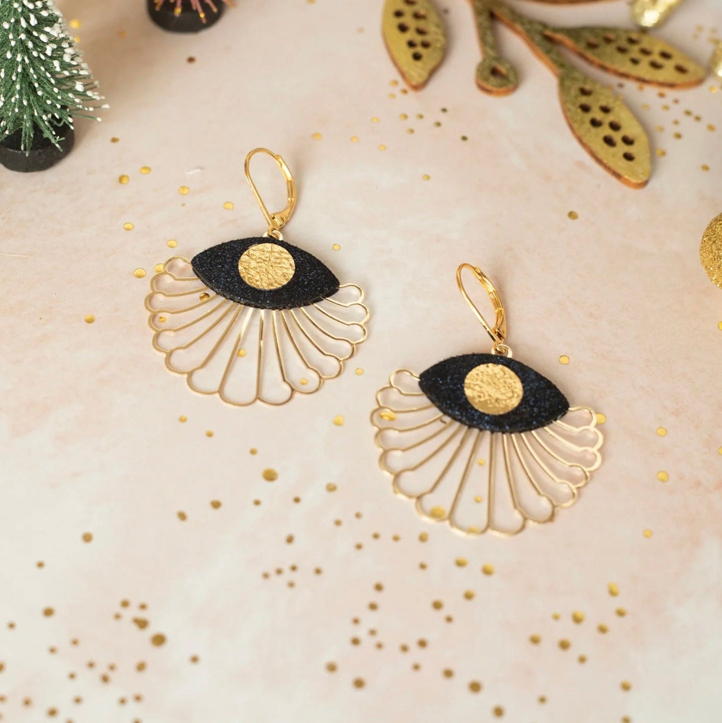 Earrings. Gold Brown Blue Leather Petal Earrings, Bridesmaid's Gift Made in France