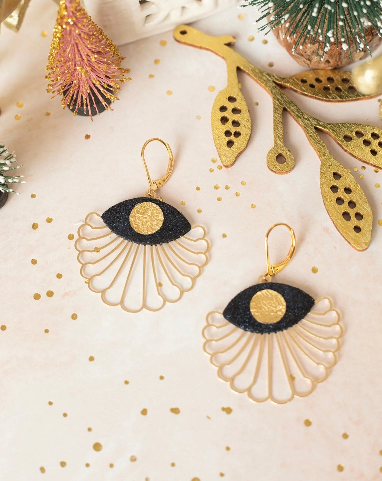 Earrings. Gold Brown Blue Leather Petal Earrings, Bridesmaid's Gift Made in France