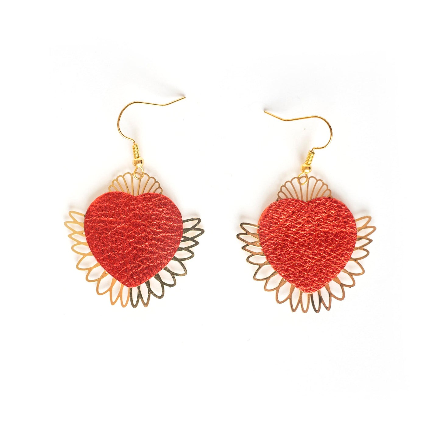 Sacred Heart Ex-Voto Earrings with Red Metallic Leather & Gold Plated Dangles