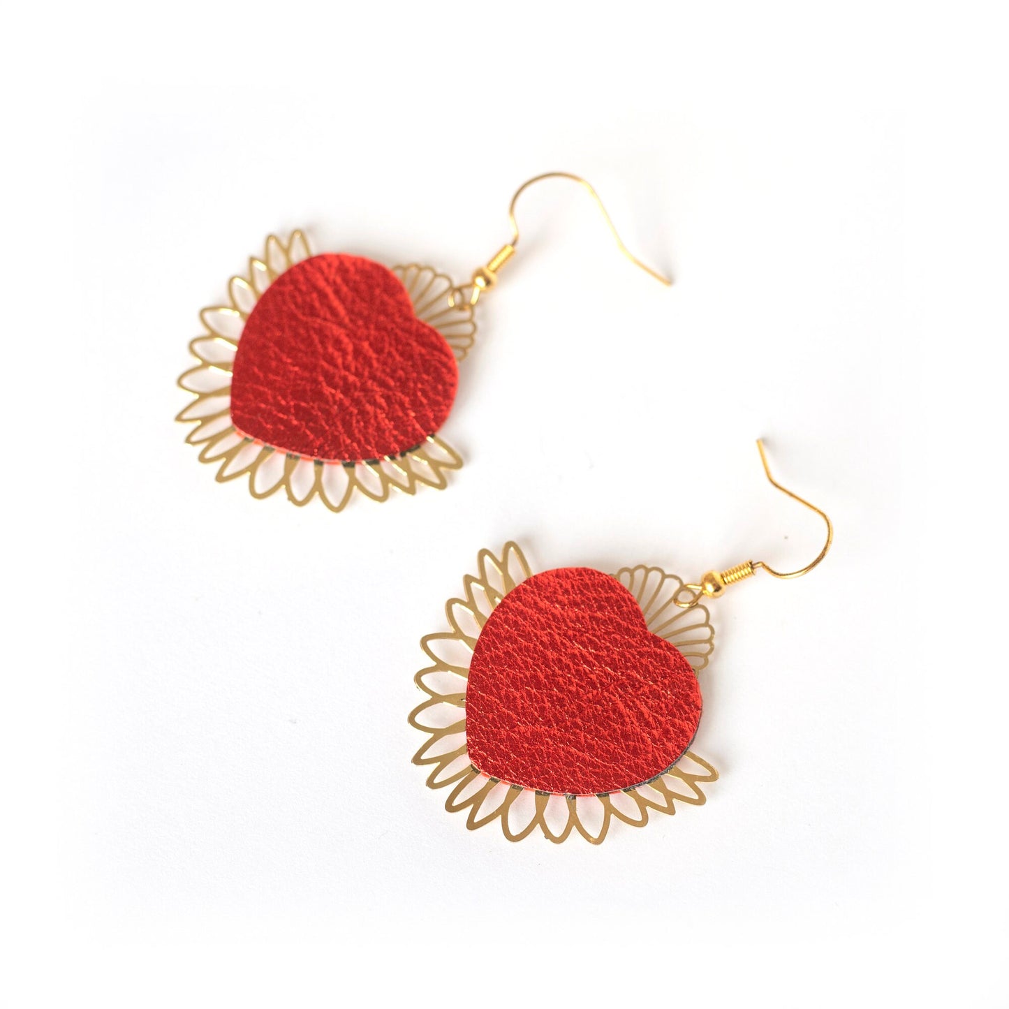 Sacred Heart Ex-Voto Earrings with Red Metallic Leather & Gold Plated Dangles