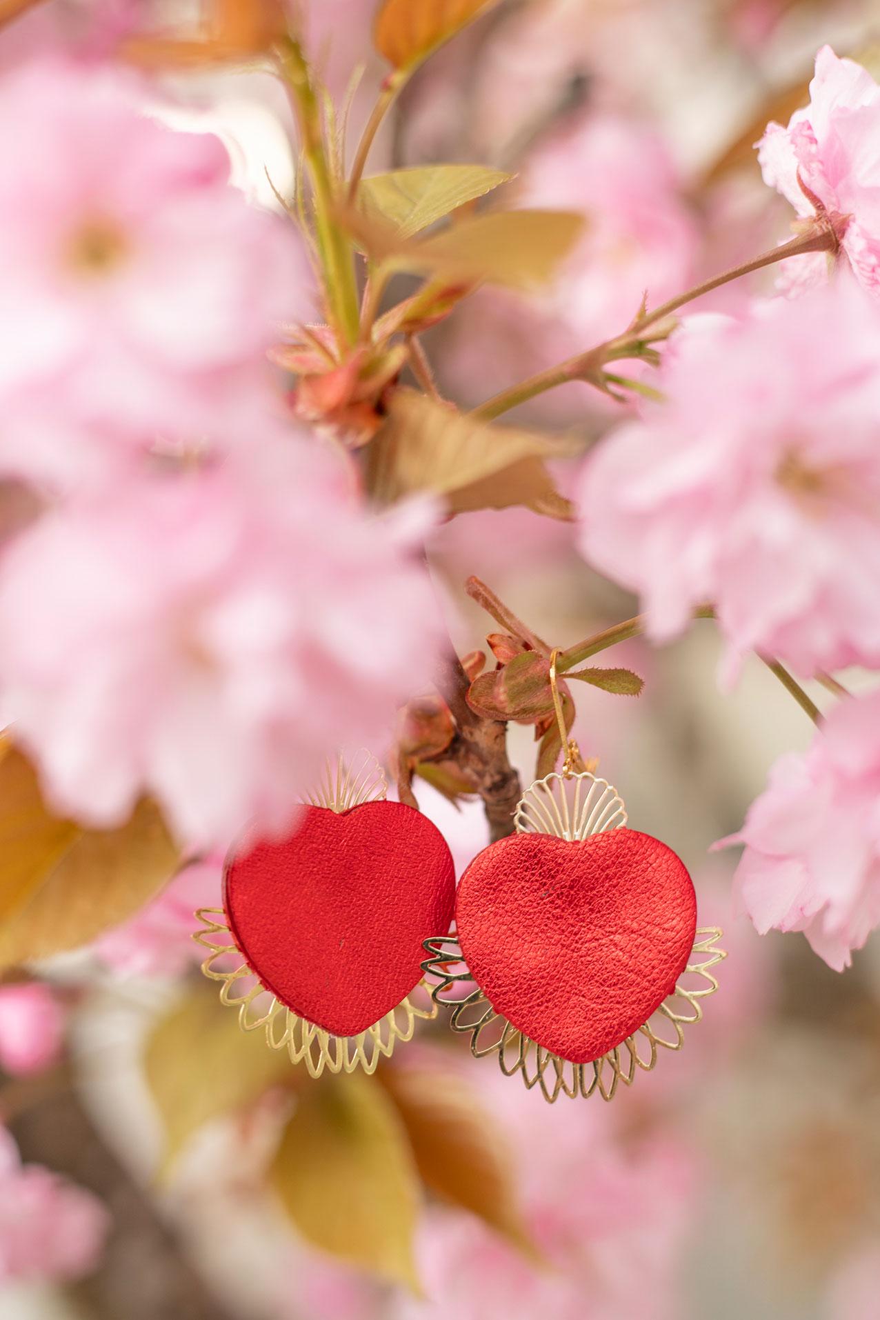 Sacred Heart Ex-Voto Earrings with Red Metallic Leather & Gold Plated Dangles