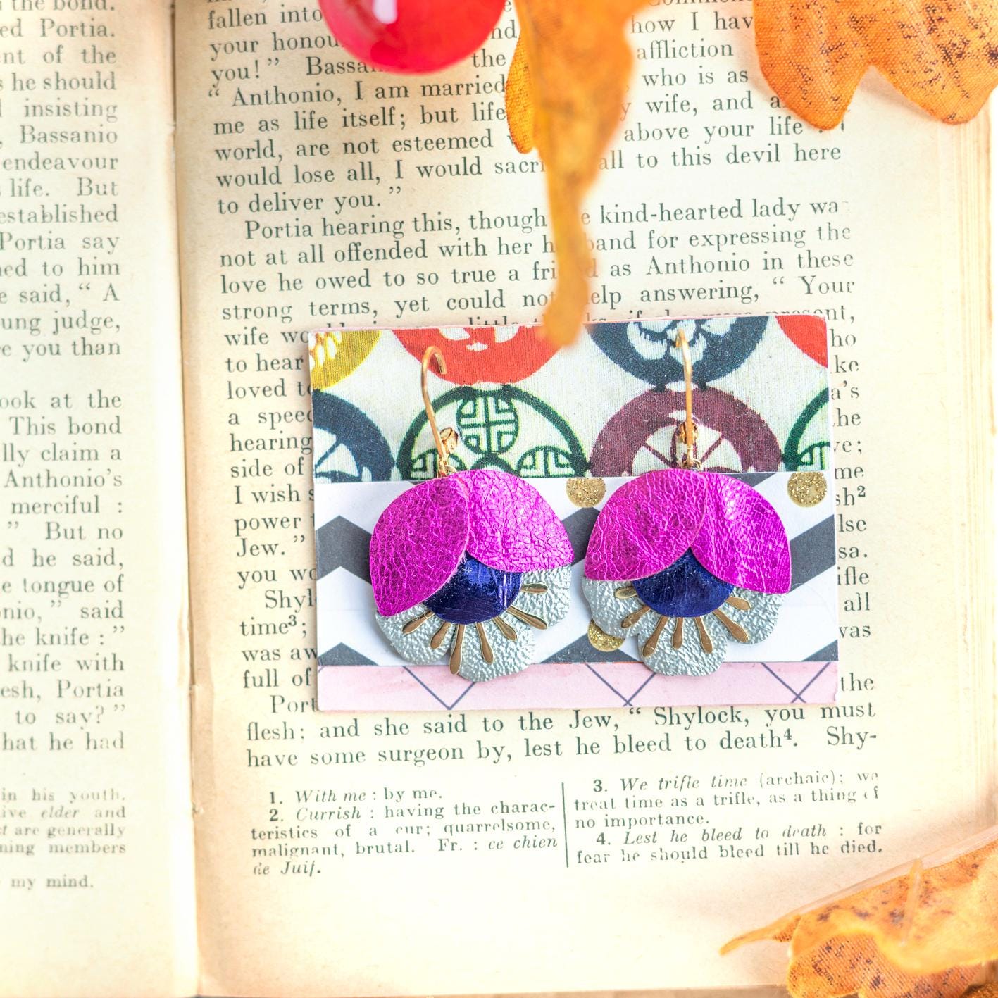 Cherry Blossom Earrings - Pink & Purple Leather, Gold-Plated Hypoallergenic Leverback