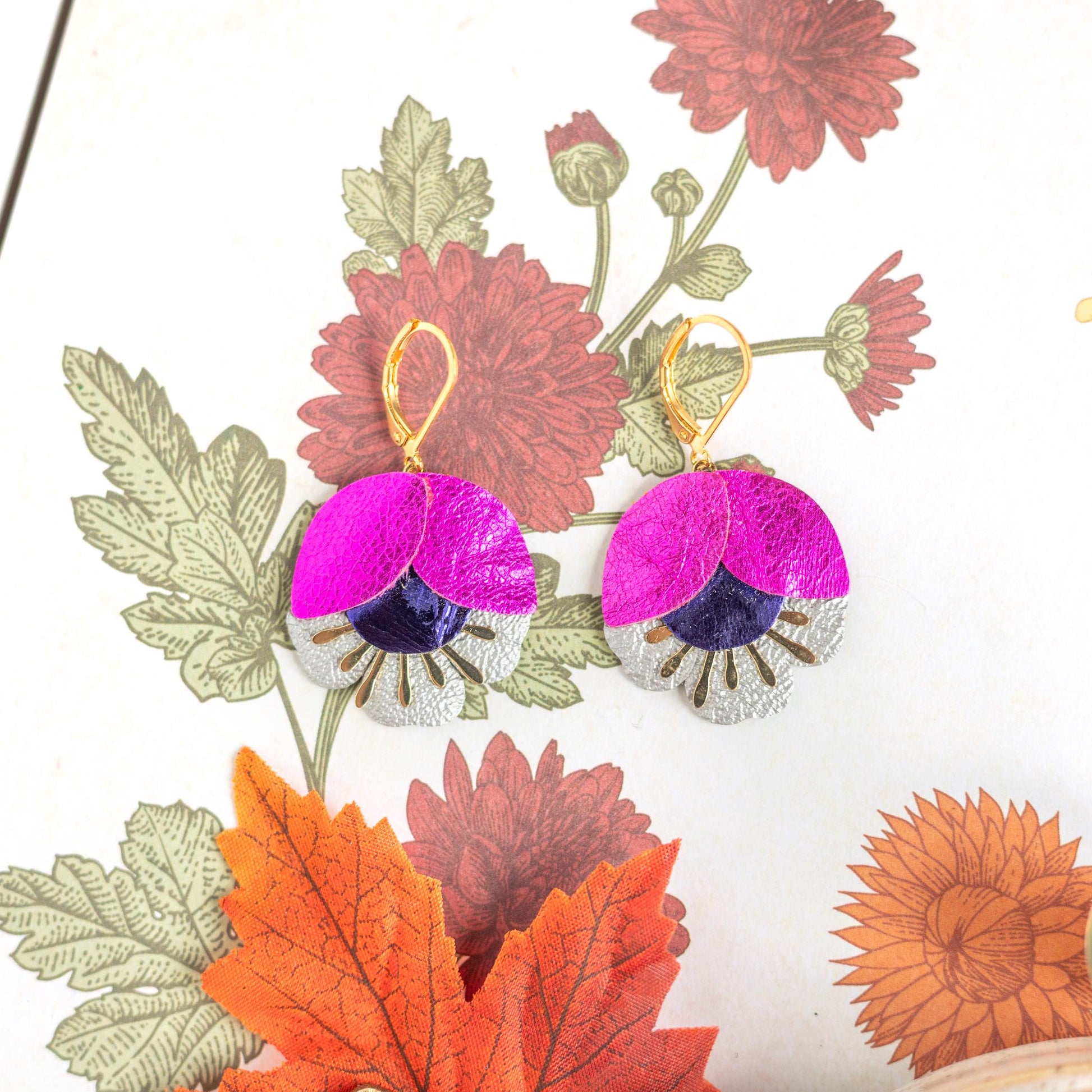 Cherry Blossom Earrings - Pink & Purple Leather, Gold-Plated Hypoallergenic Leverback
