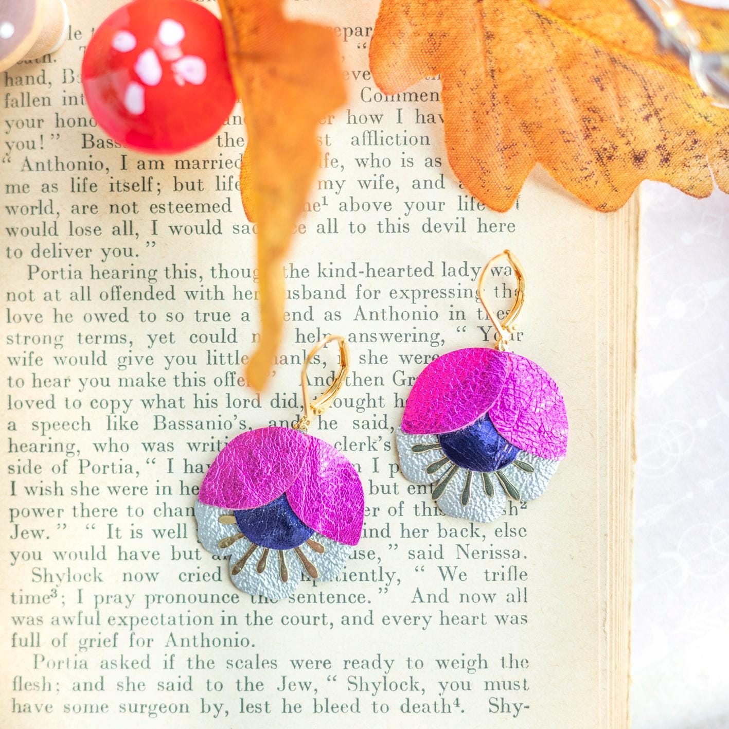 Cherry Blossom Earrings - Pink & Purple Leather, Gold-Plated Hypoallergenic Leverback