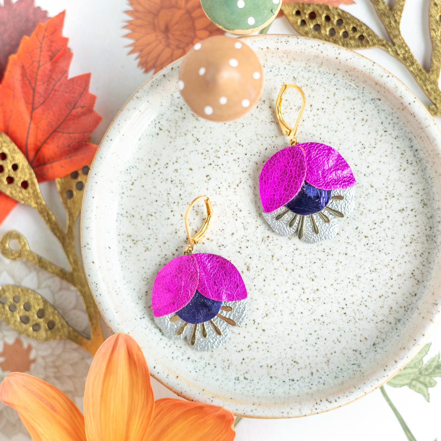 Cherry Blossom Earrings - Pink & Purple Leather, Gold-Plated Hypoallergenic Leverback