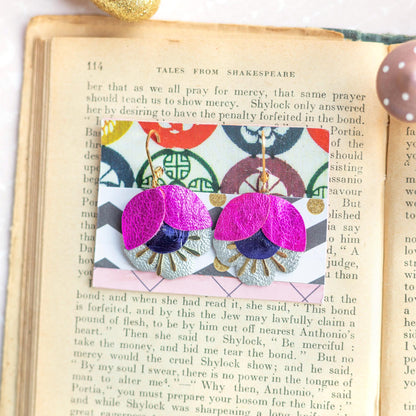 Cherry Blossom Earrings - Pink & Purple Leather, Gold-Plated Hypoallergenic Leverback