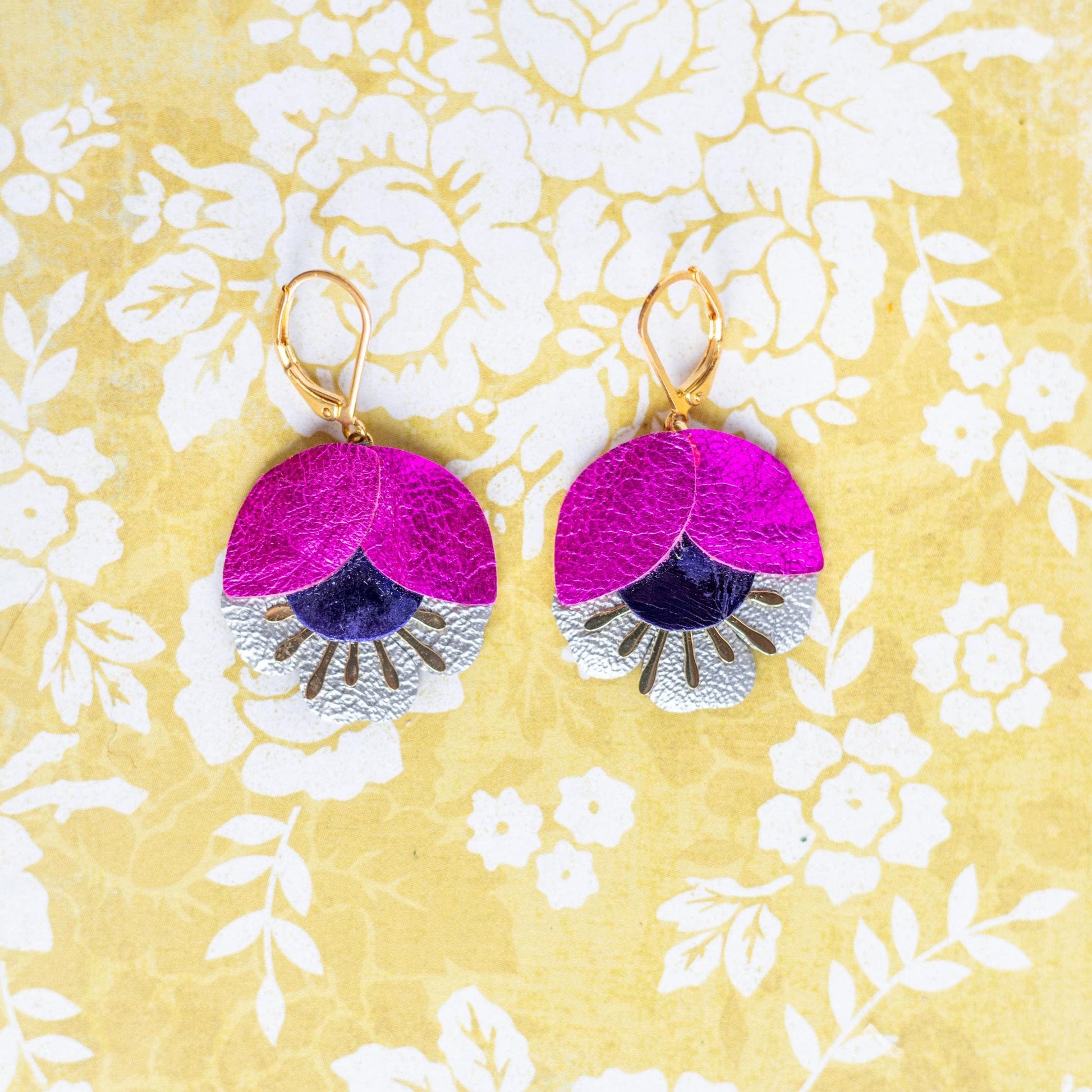 Cherry Blossom Earrings - Pink & Purple Leather, Gold-Plated Hypoallergenic Leverback