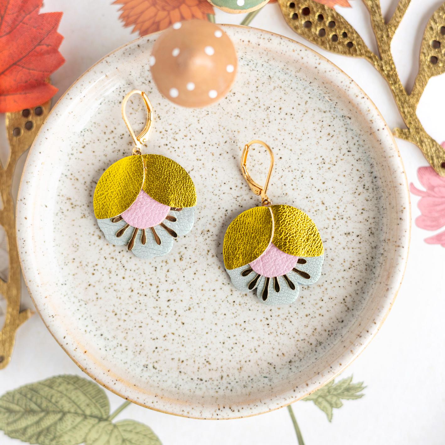 Earrings. Gold Brown Blue Leather Petal Earrings, Bridesmaid's Gift Made in France