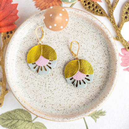 Earrings. Gold Brown Blue Leather Petal Earrings, Bridesmaid's Gift Made in France