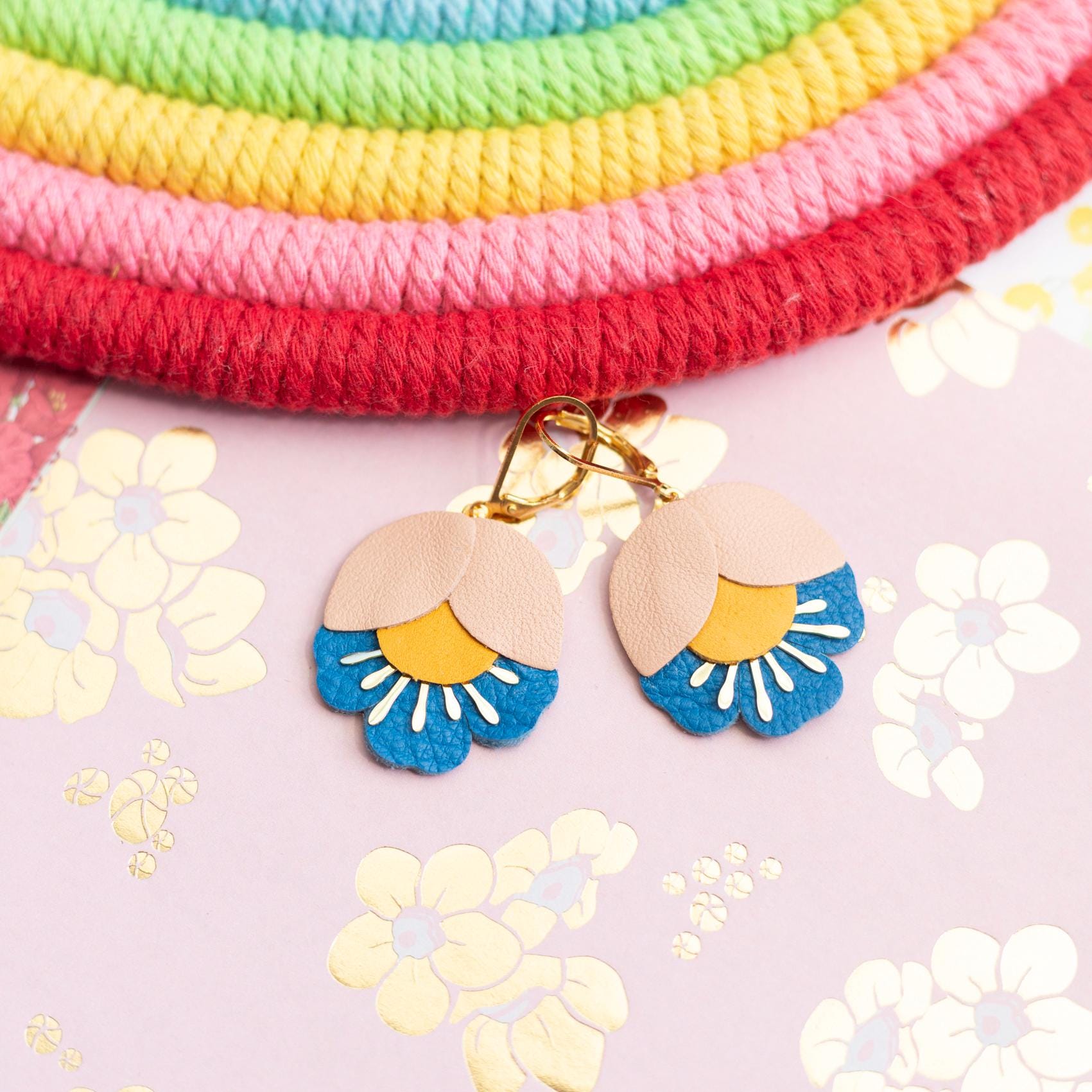 Earrings. Gold Brown Blue Leather Petal Earrings, Bridesmaid's Gift Made in France