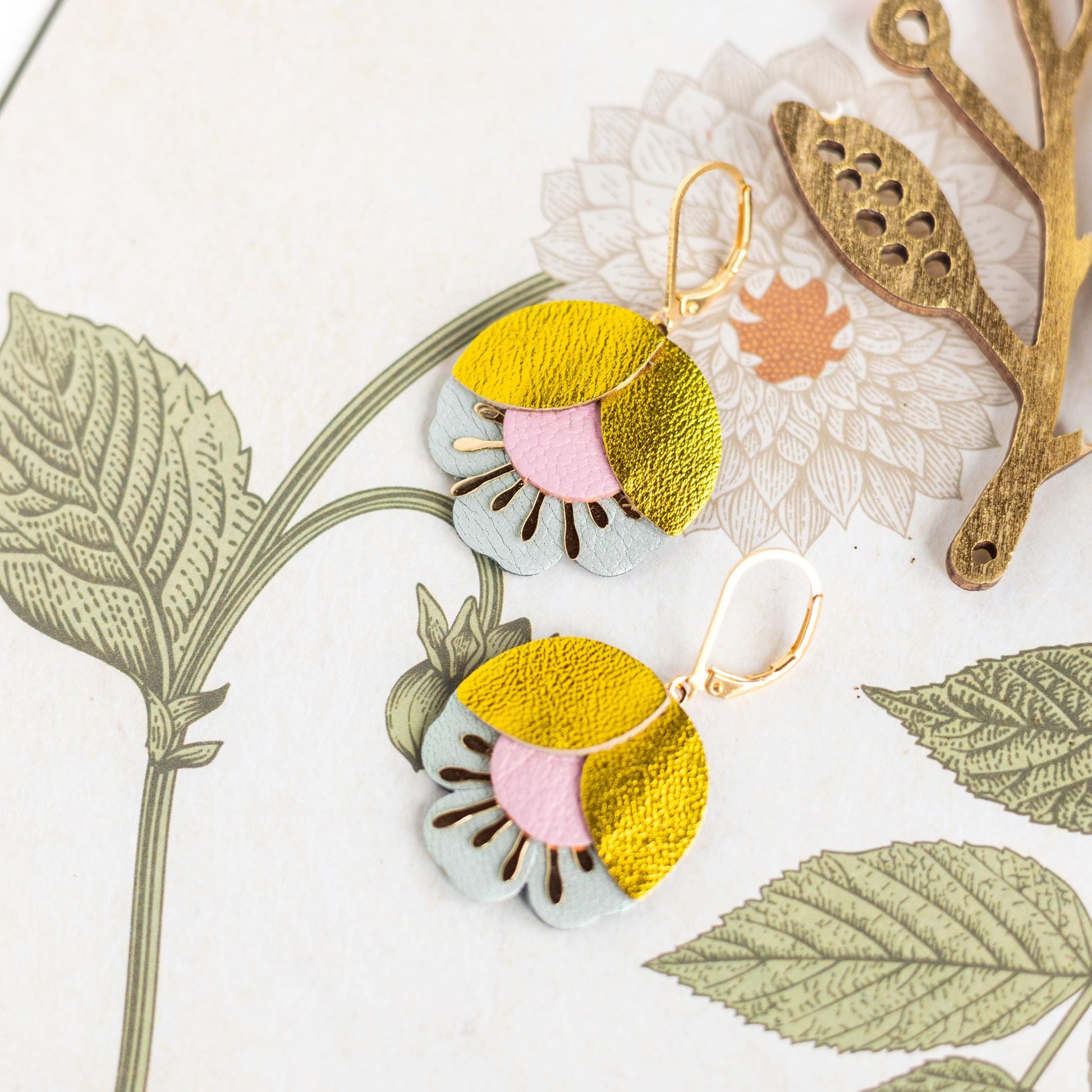 Earrings. Gold Brown Blue Leather Petal Earrings, Bridesmaid's Gift Made in France