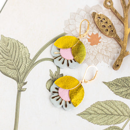 Earrings. Gold Brown Blue Leather Petal Earrings, Bridesmaid's Gift Made in France