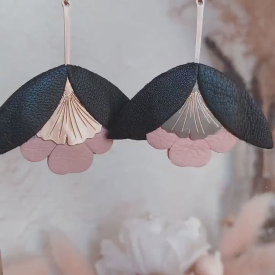 Black and Pink Leather Petal Earrings, Dangle Bohemian Wedding Earrings, Bridesmaid's Gift Made in France