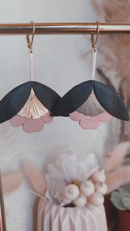 Black and Pink Leather Petal Earrings, Dangle Bohemian Wedding Earrings, Bridesmaid's Gift Made in France