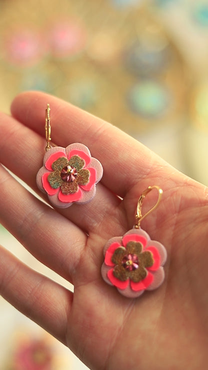 Boucles d'oreilles Louise - cuir recyclé rose et jaune - bijou baroque