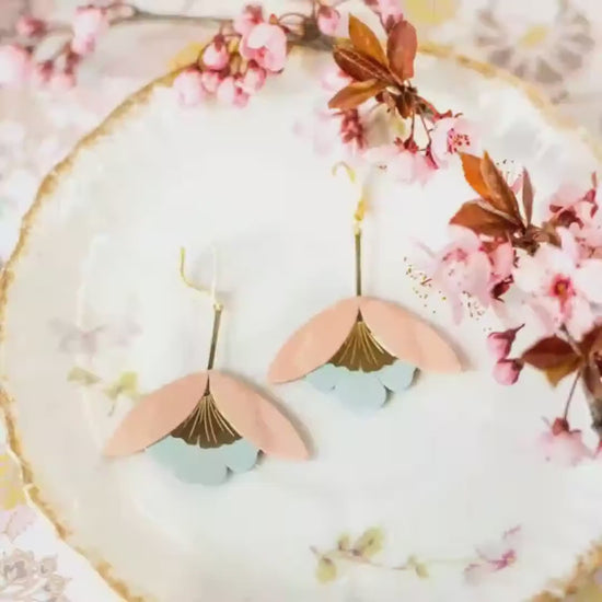 Pale Blue and Blush Leather Earrings with hypoallergenic gold plated leverback